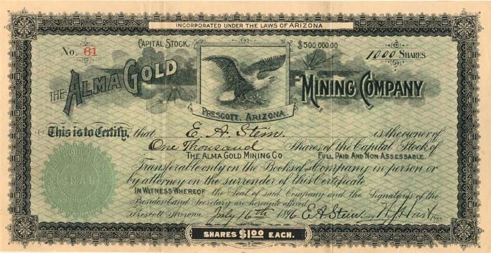 Alma Gold Mining Co. - Stock Certificate